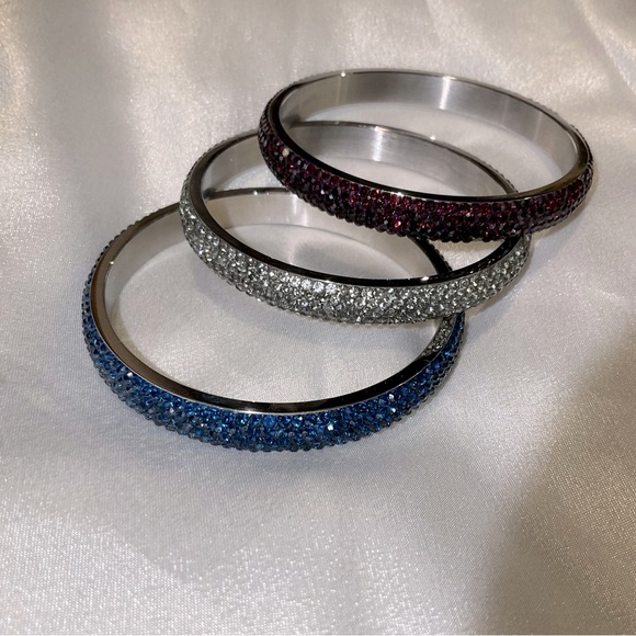 Set of 3 pave crystal stainless steel bangle cuff bracelets - Picture 4 of 13
